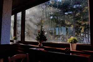 Una mesa de madera con una planta en maceta y una taza junto a una ventana que da a árboles.