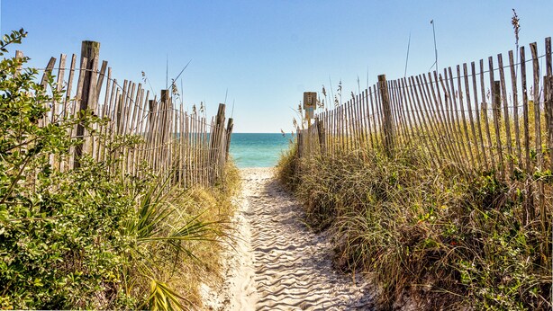 A sandy pathway flanked by wooden fences leading to a beach. - Luxury Oceanfront Couples Retreat- Station 1 Top Floor, Newly Renovated (Wrightsville Beach)