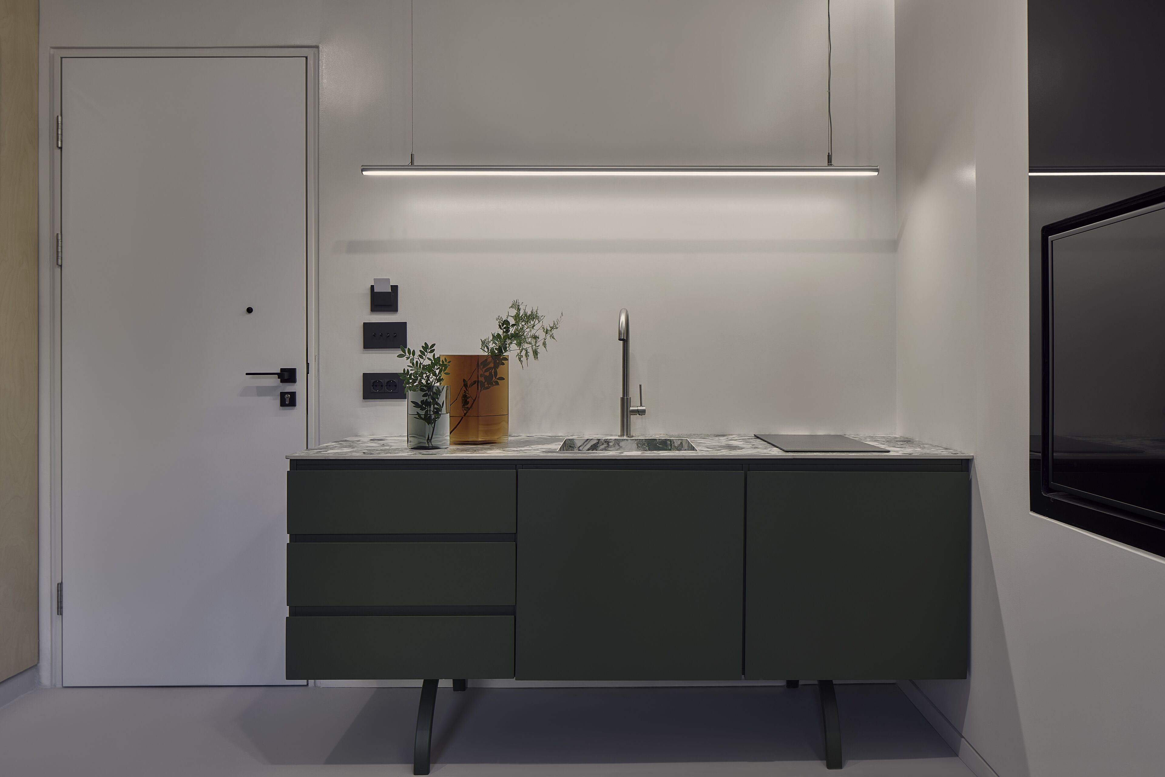 Une cuisine moderne avec un évier encastré, un meuble en bois et une plante en pot.
