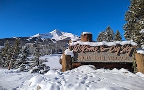 Experience the serene beauty of Mountain Village, surrounded by snow-covered trees and a majestic mountain peak.