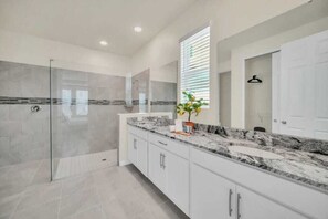 Shower, hair dryer, shampoo
