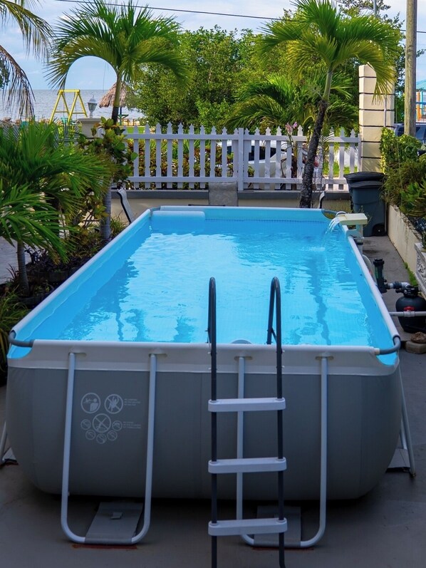 An above-ground swimming pool with a ladder, surrounded by palm trees and a white picket fence.