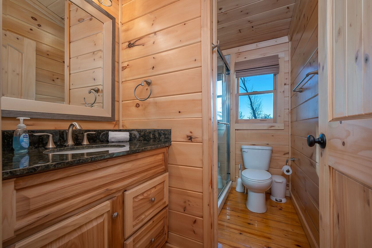 A wooden cabin bathroom with a sink, mirror, and toilet.