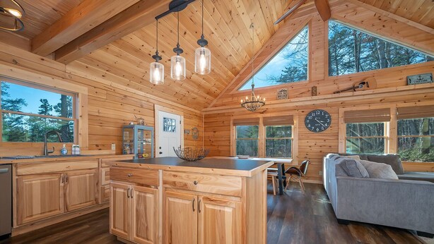Une cabane en bois spacieuse, dotée d’une grande cuisine, d’un coin repas et d’un salon confortable.