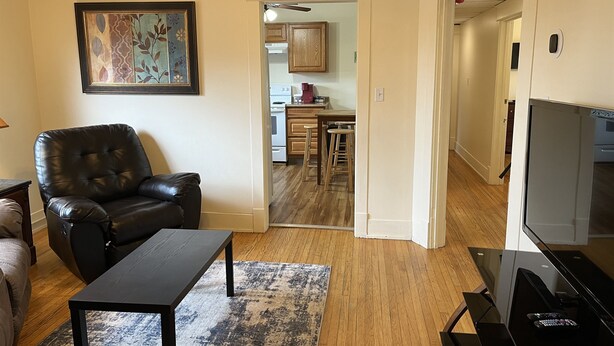 A living room with a leather chair, a coffee table, and a TV. There is a kitchen in the background with wooden cabinets and a dining area. - City Fox 1, 1 of 4, recent renovation in Oneonta, Convenient to All Star Village (Oneonta)