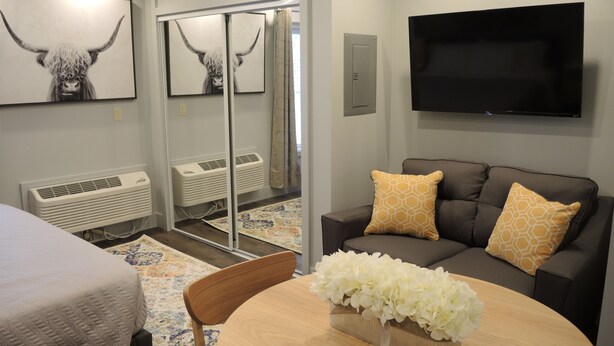 A modern hotel room with a sofa, a TV, a bed, and artwork on the walls.