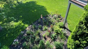 Ein Garten mit verschiedenen Pflanzen und Blumen, eine Holzterrasse und Blick auf den Ozean.