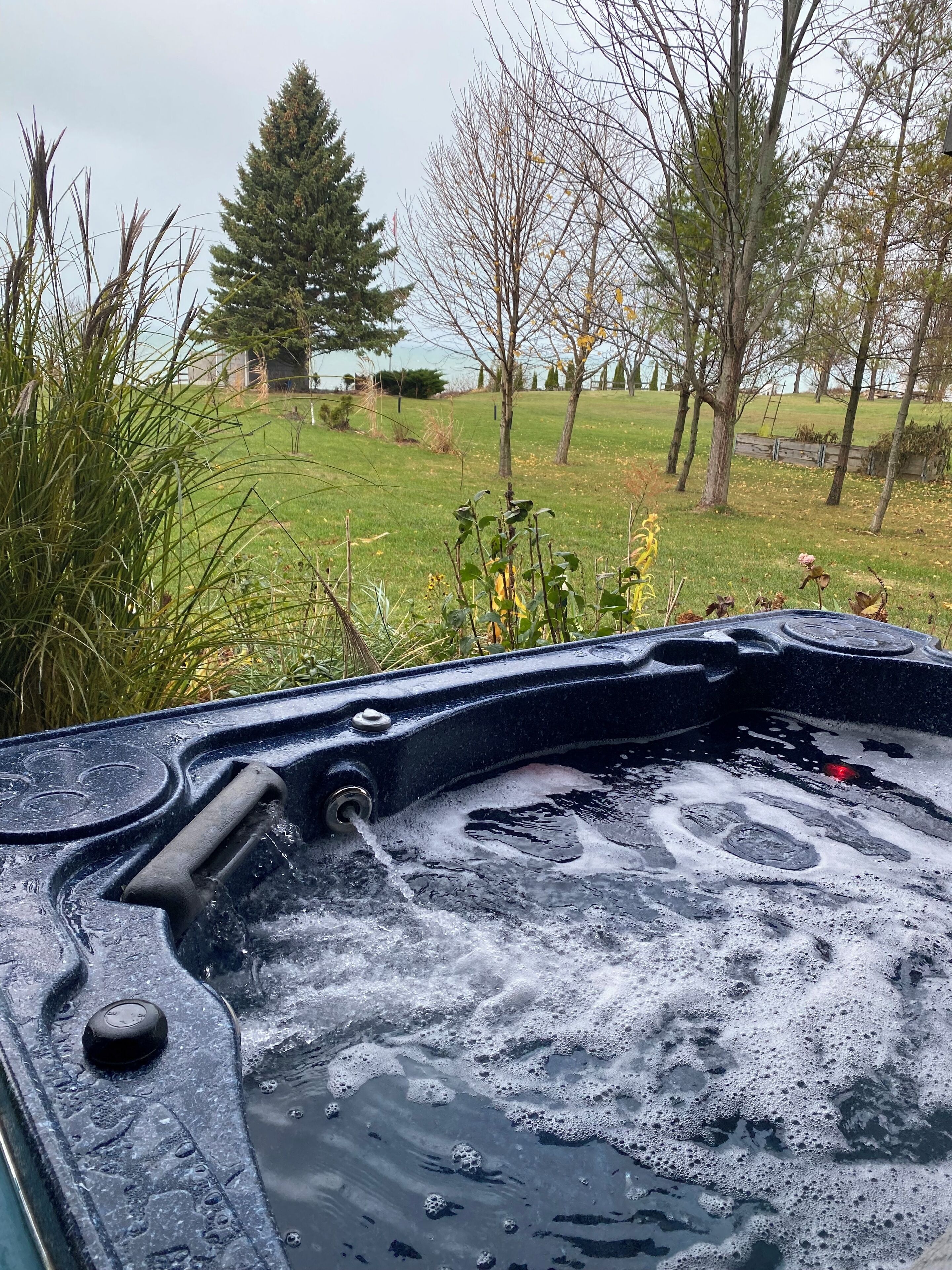 Un bain à remous avec vue sur une zone herbeuse et des arbres.