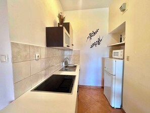 Fridge, microwave, stovetop, cookware/dishes/utensils