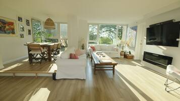 Smart TV, fireplace, books, stereo