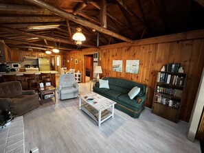 Smart TV, fireplace, books, computer monitors