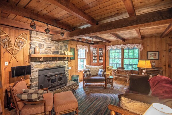 Cozy cabin-style room with a fireplace, comfortable seating area, and forest views.