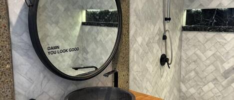 Hair dryer, towels, soap, shampoo
