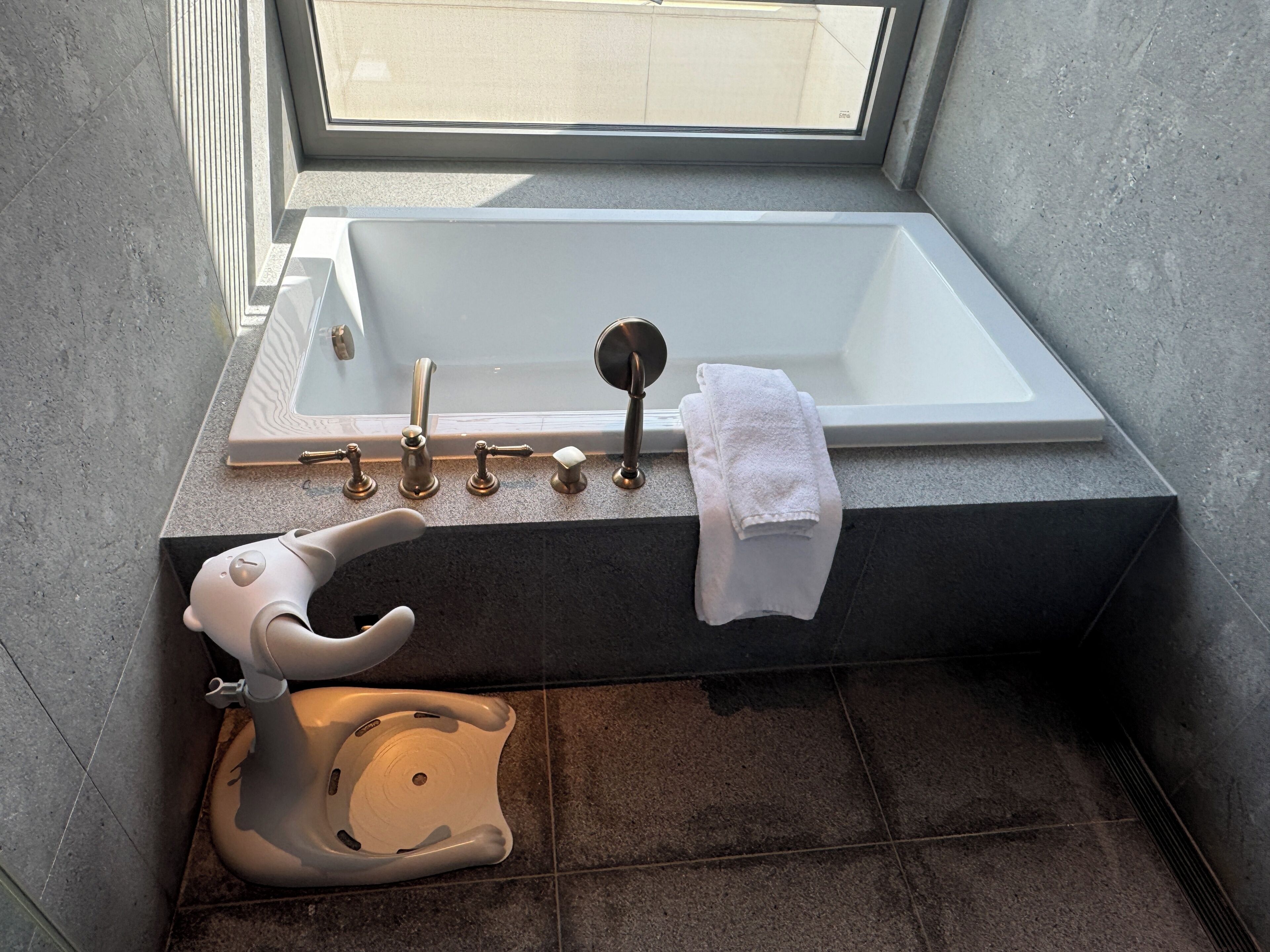 A bathroom with a bathtub, a toilet, and a window.