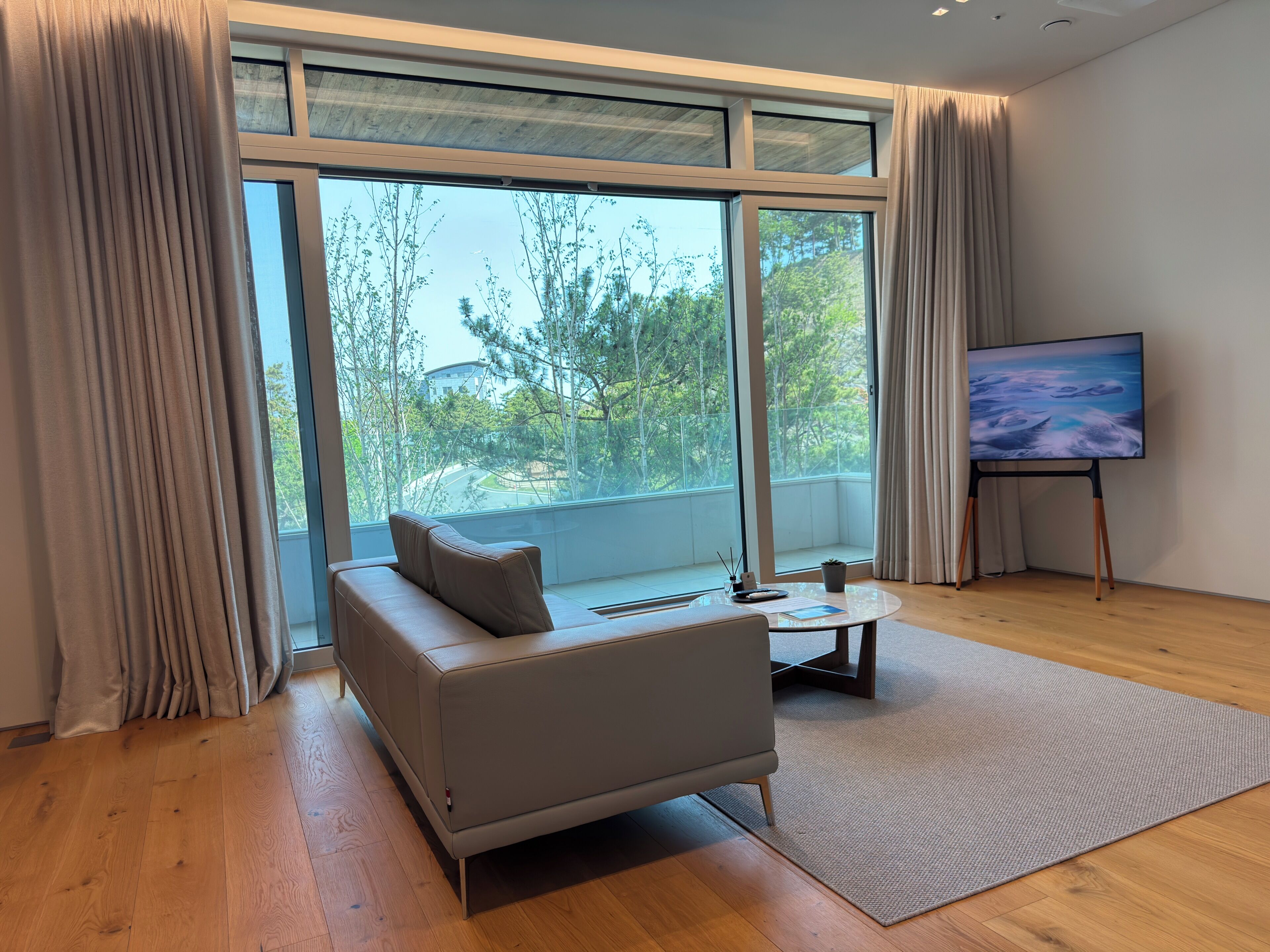 A modern living room with a sofa, coffee table, TV, and large windows with curtains.