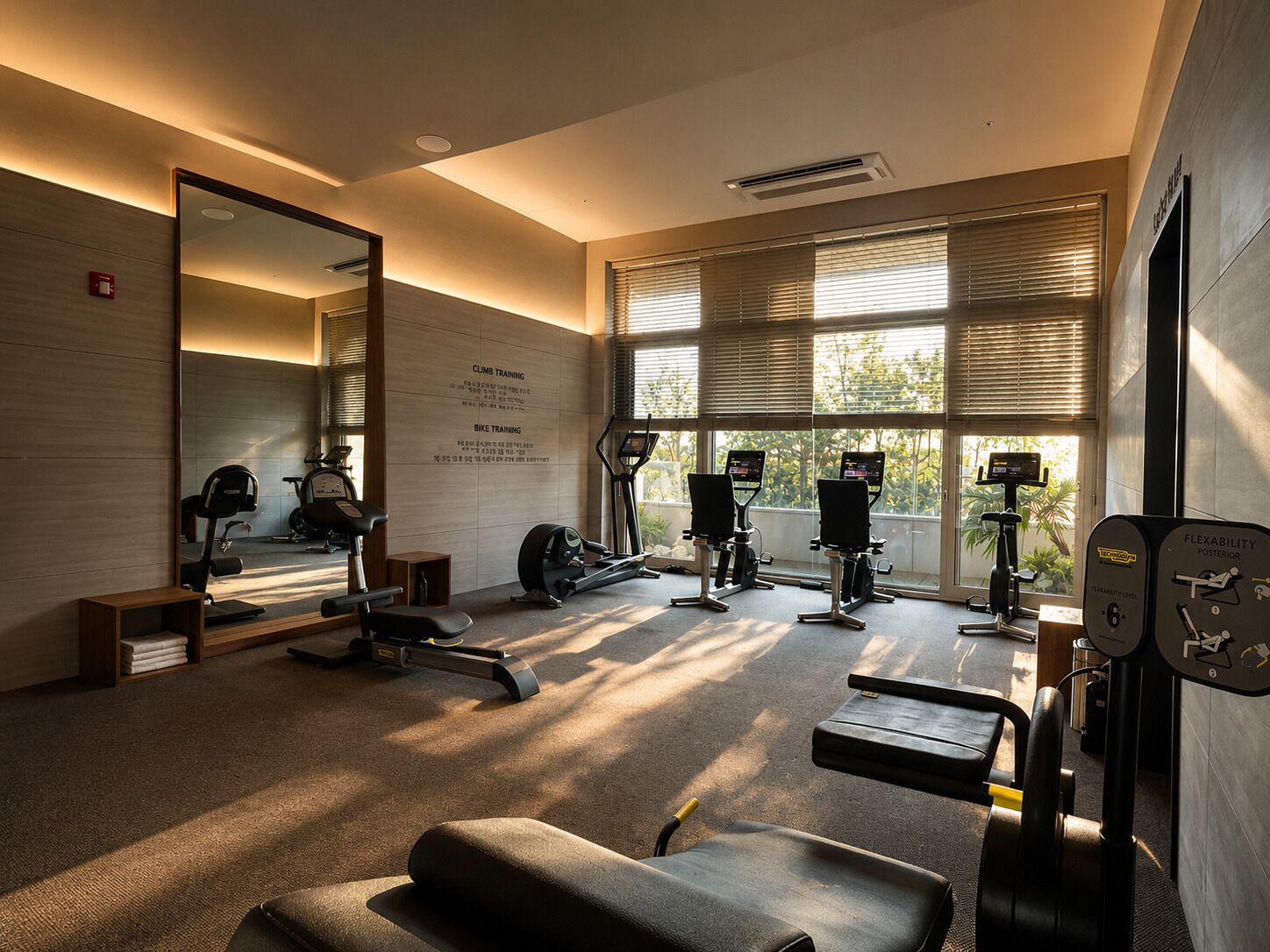 A gym with exercise equipment, a large mirror, and a view of trees through the windows.