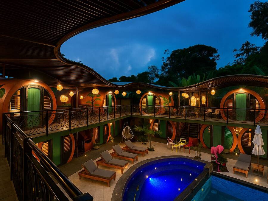 Un edificio moderno de forma circular con piscina y sillas de descanso.