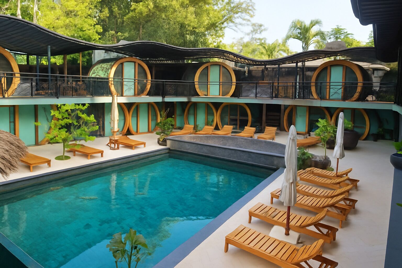 A pool area with wooden loungers and a circular architectural design.