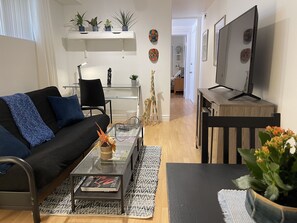 Smart TV, fireplace, books, stereo