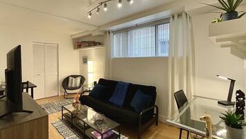 Smart TV, fireplace, books, stereo