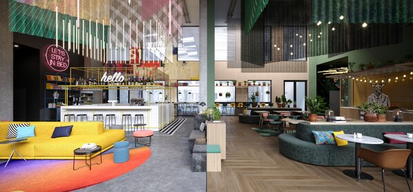 Una zona de bar moderna con un letrero de neón, distintos arreglos de asientos y una variedad de plantas.