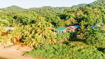 Una zona costiera con case immerse in una fitta vegetazione tropicale e colline sullo sfondo.