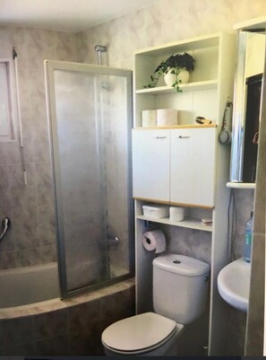 Combined shower/bathtub, hair dryer, towels, toilet paper