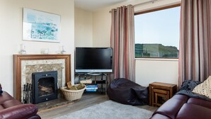Una sala de estar con chimenea, televisor, sofá y vistas al exterior.