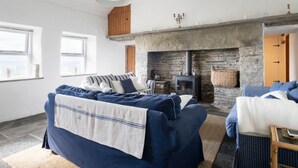 Une pièce chaleureuse avec une cheminée en pierre, un canapé et un plafond en bois.