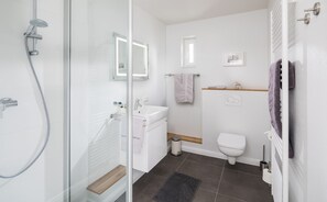 Regadera, secadora de cabello, toallas, papel de baño 