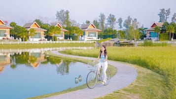 Explore serene surroundings and scenic views along a tranquil pathway leading to a body of water.