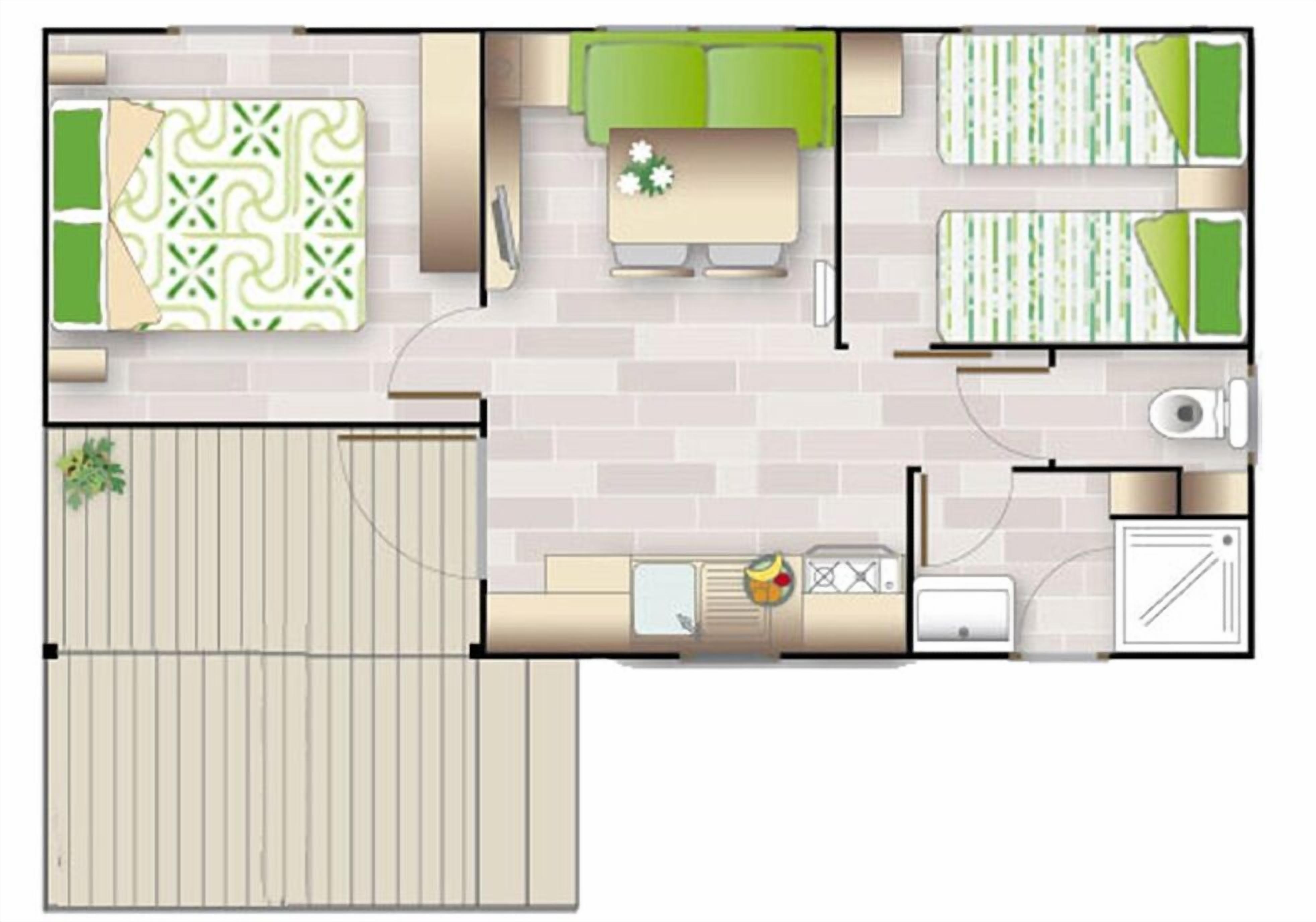 Un plan d’étage d’une chambre d’hôtel comprenant un lit, une petite table, un canapé, une télévision et une salle de bain.