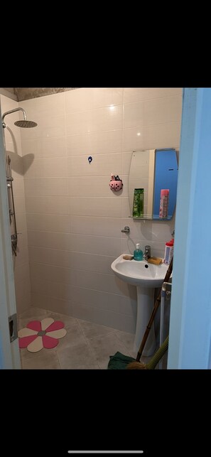 Bañera con ducha, jabón, papel higiénico