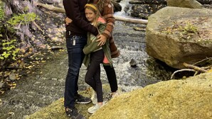 A family standing by a waterfall in a forested area. - Seasonal, Cozy Geo-Dome with Heat/AC on Private Hiking paradise in Gunks. (Wallkill)