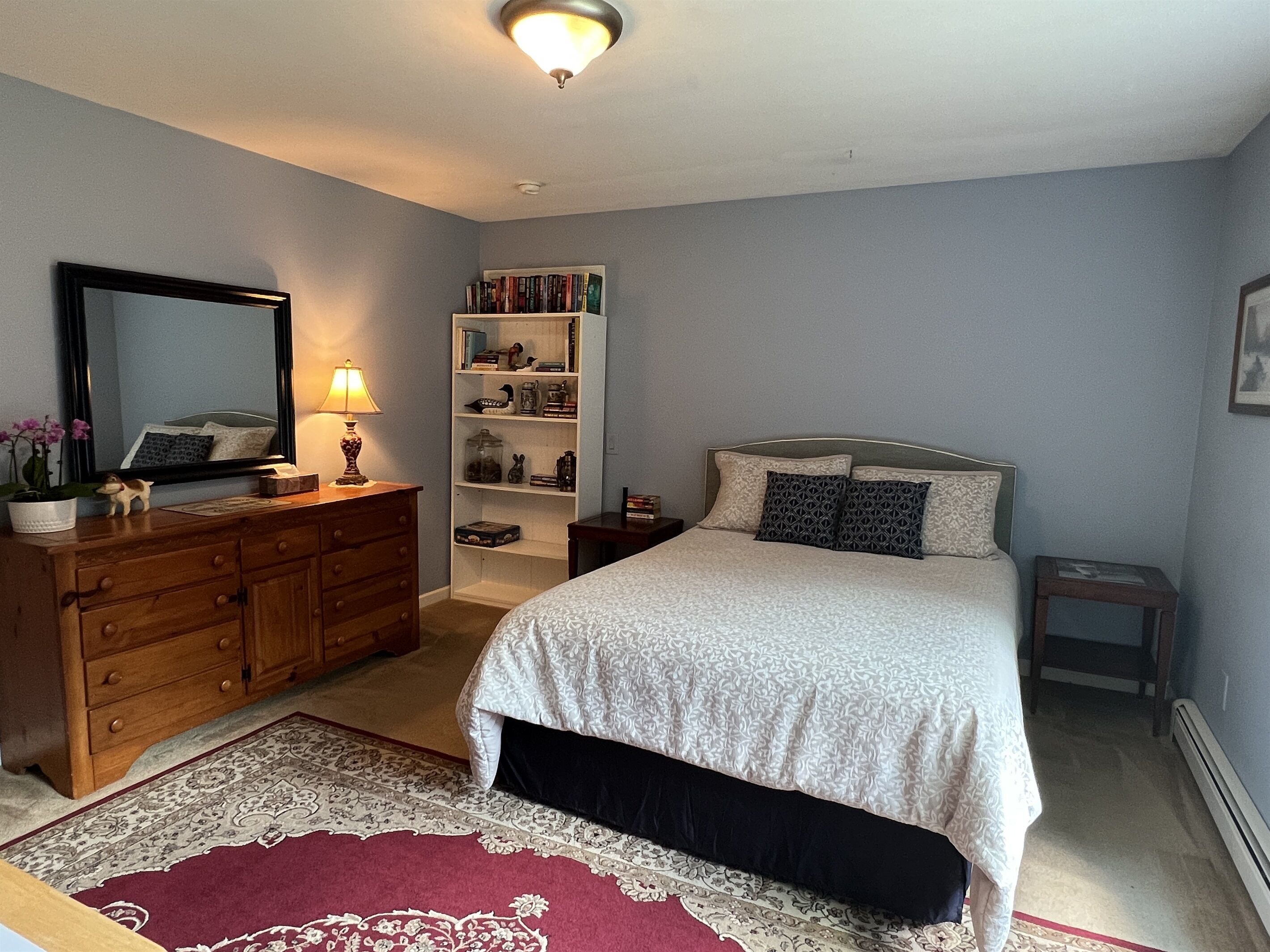 A bedroom with a bed, dresser, mirror, bookshelf, and a rug.