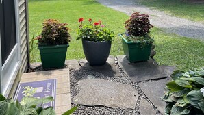 A house entrance with a flag, a pathway leading to a driveway, and a lawn with potted plants. - Fernwood Guesthouse Garden Room, 1 of 2, near Dreams Park and Arnold Lake (Milford)