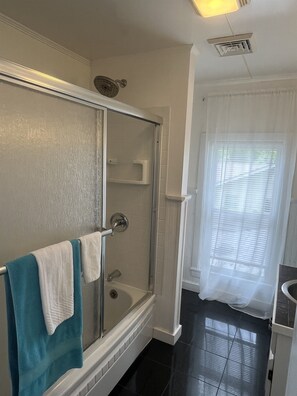 Combined shower/tub, hair dryer, towels - Goose Pond Two less than 1 mile from ASV, Immaculate 2nd floor apartment (Oneonta)