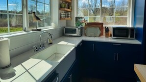 A modern kitchen with a large window, built-in shelves, a sink, and two microwaves. - Grousehall Total Renovation, contemporary design, short drive to Cooperstown (Schuyler Lake)