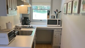 Una cocina compacta con fregadero, estufa, microondas y ventana con vistas al exterior.
