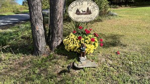 A sign for Cooperstown, NY, with a deer and trees illustration, surrounded by a flower arrangement and a statue. - Pagey's Place - Peaceful country setting, fire pit, Foosball, amazing views (Cooperstown)