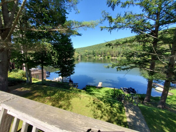 A lakeside view with a dock, grassy area, and trees.