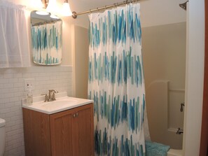 Combined shower/tub, hair dryer, towels - Trout Brook Unit #4 - Upscale, 1 of 3 units, swimming, fishing, paddle sports (Richfield Springs)