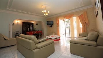 Een televisie, een open haard, een dvd-speler en een stereo