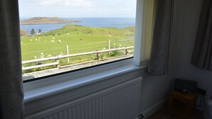 Ein Zimmer mit großem Fenster mit Blick auf ein grünes Feld, Schafe und die Küstenlandschaft.