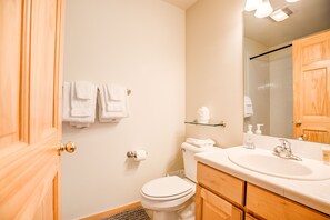 Combined shower/tub, jetted tub, hair dryer