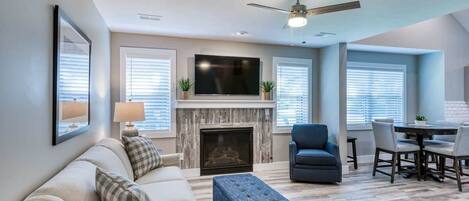 TV, fireplace, offices