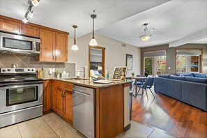 Fridge, microwave, oven, stovetop - Mountain Getaway | Outdoor Pool, Hot Tub & Sauna (Canmore)