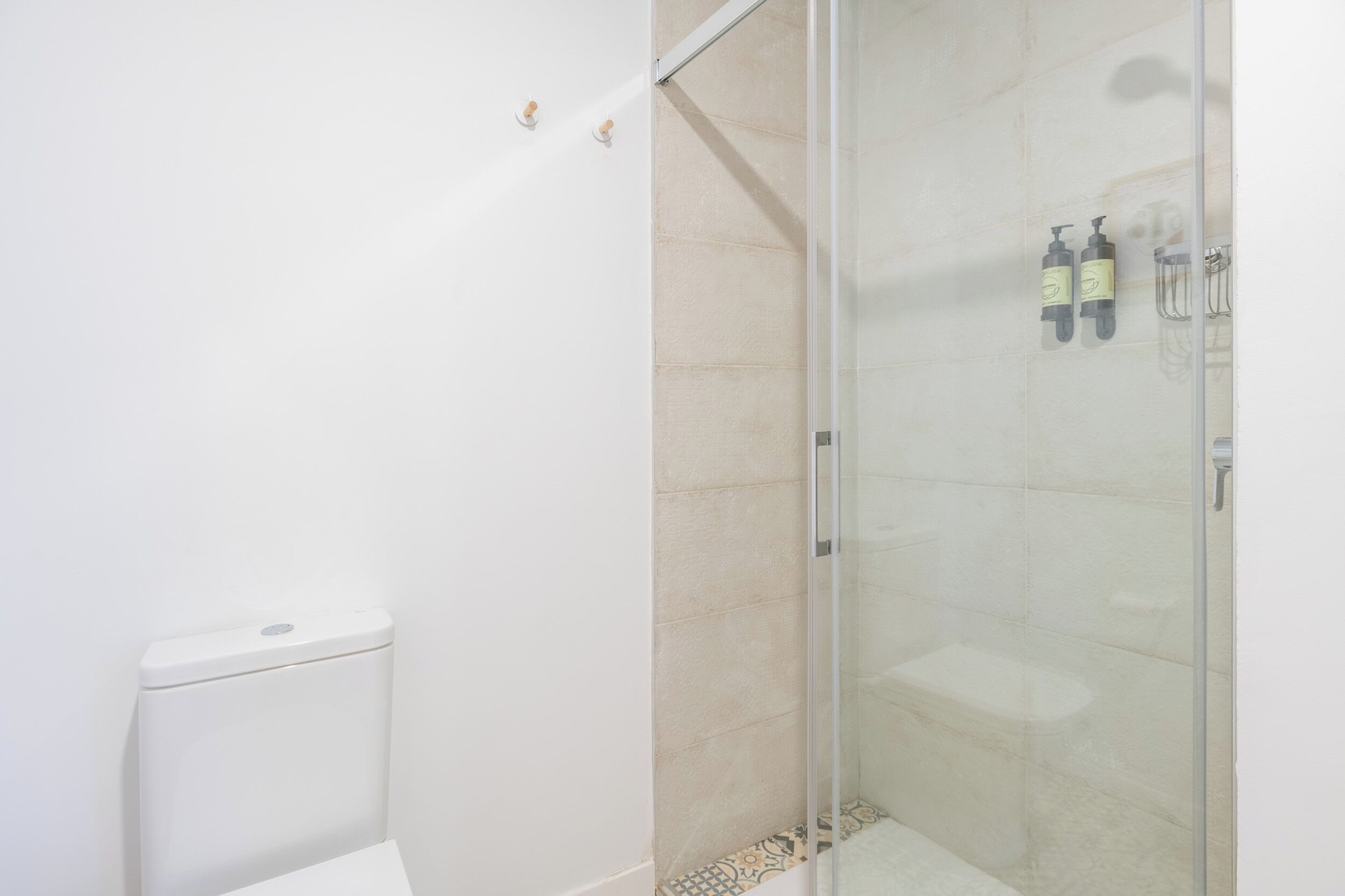 Un baño con cabina de ducha de vidrio, inodoro y dos botellas de champú en la pared.