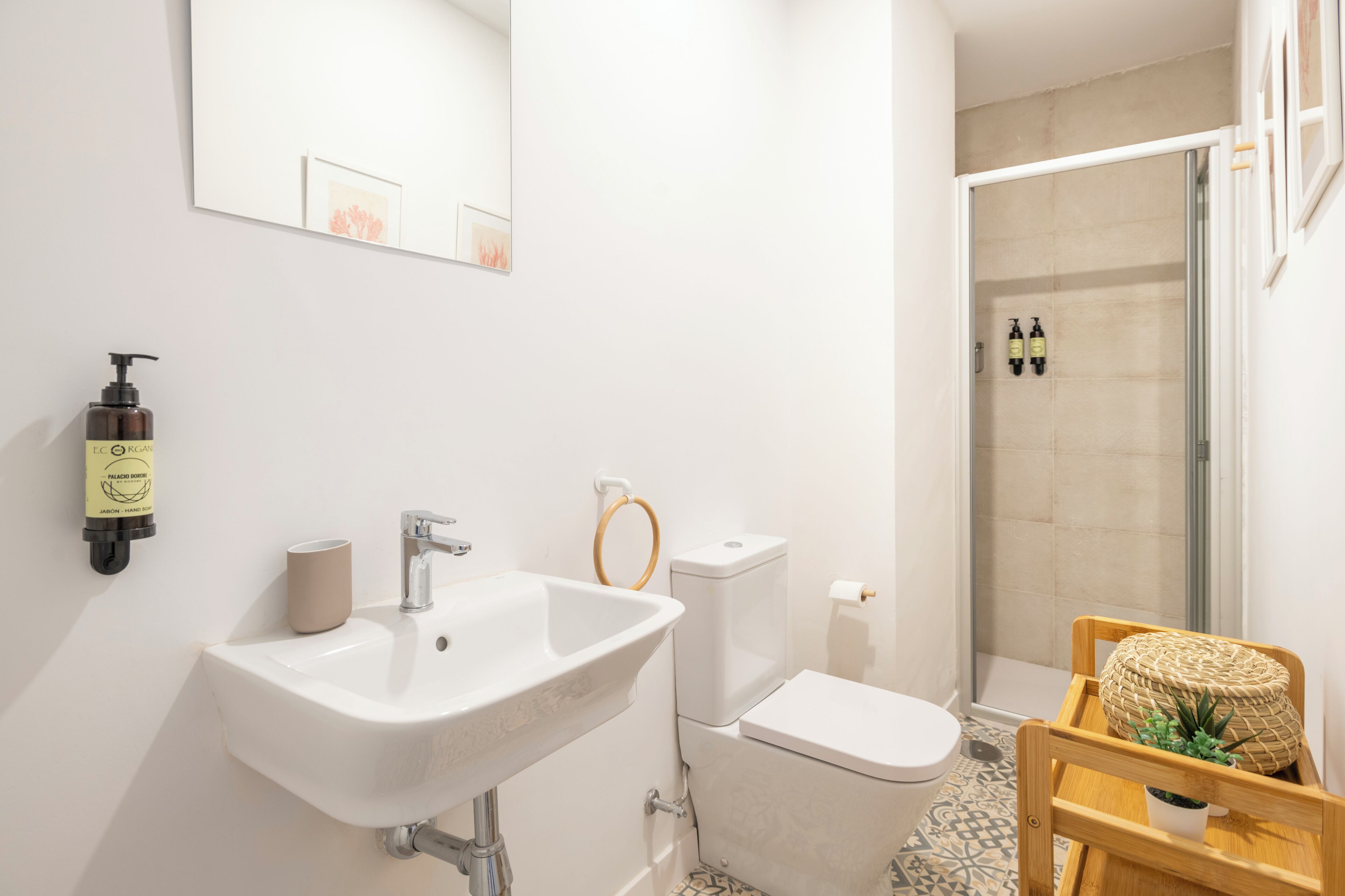 Un baño moderno con lavamanos, inodoro y ducha blancos. Hay dos botellas de champú en la pared, una bandeja de madera con una planta y un cuadro enmarcado sobre el lavamanos.