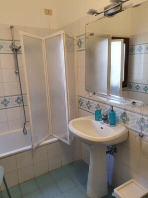 Combined shower/tub, hair dryer, bidet, towels